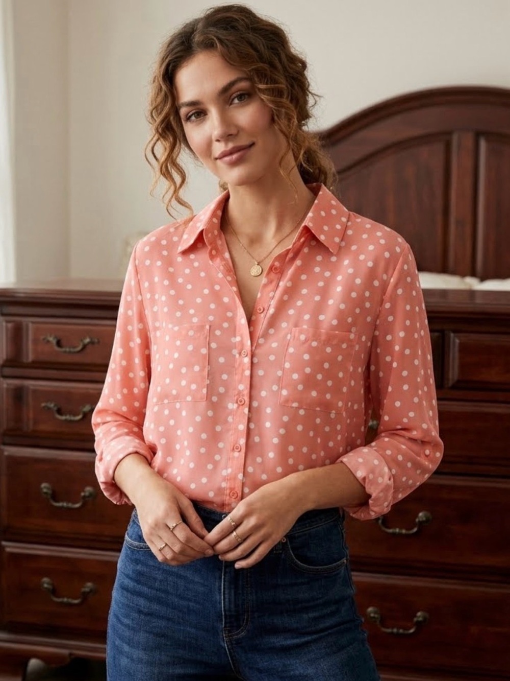 Coral Pink Polka Dot Button Down Blouse Size XL